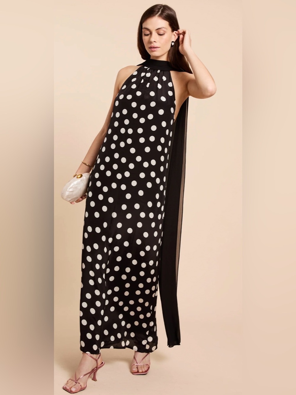 O.P.T Black White Polka Dot Maxi Dress Open Back Scarf Neck Wedding Guest Small